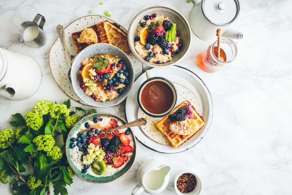 Overhead image of a healthy breakfast spread.