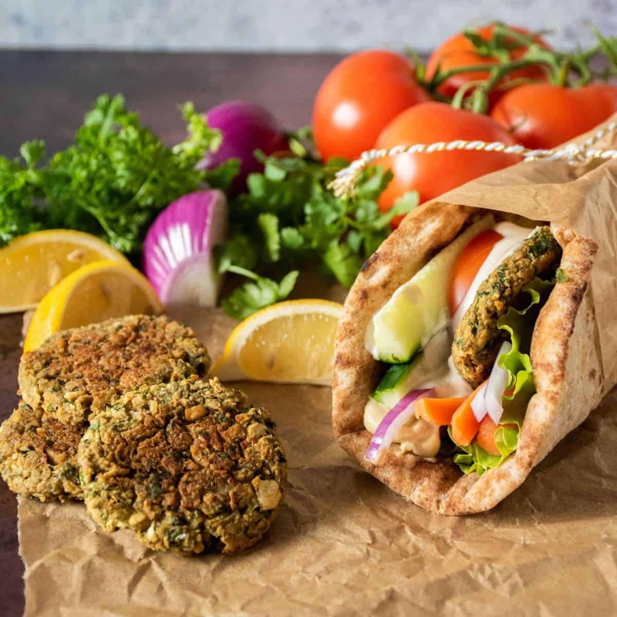 Square image of falafel hummus wrap with baked falafel piled on the side.