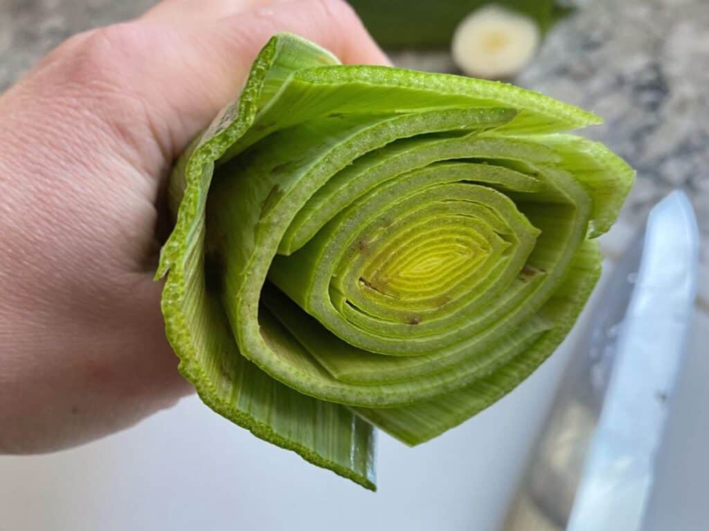 A leek sliced crosswise to reveal the dirt and sand inside.