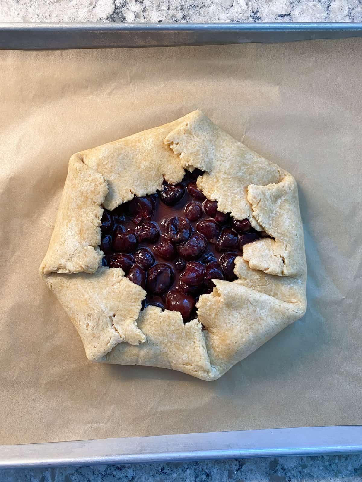 Slide the galette on the parchment onto a baking sheet.