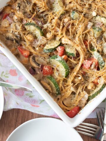 Overhead image of tetrazzini in a casserole dish.