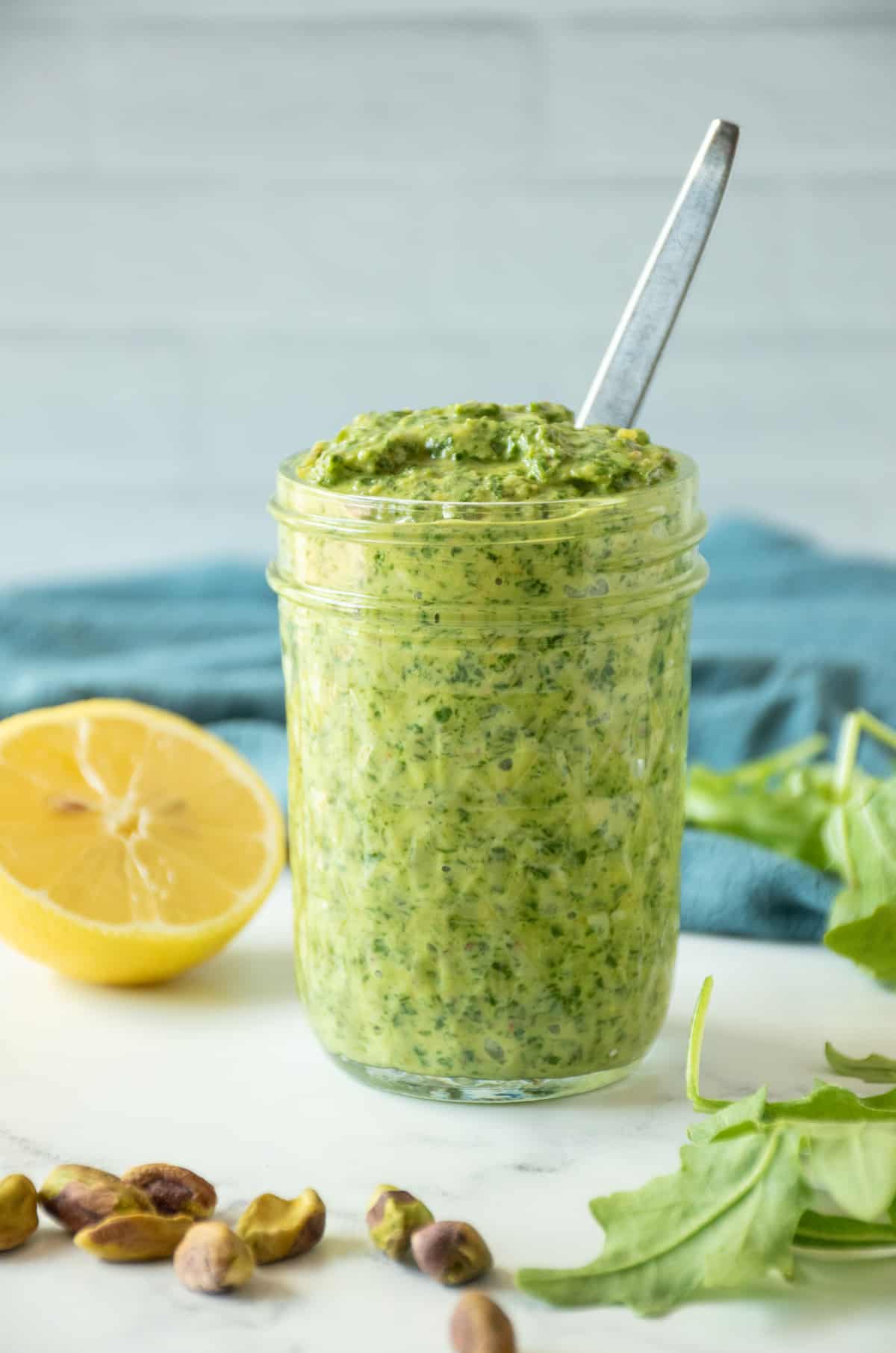 Pesto in a mason jar.