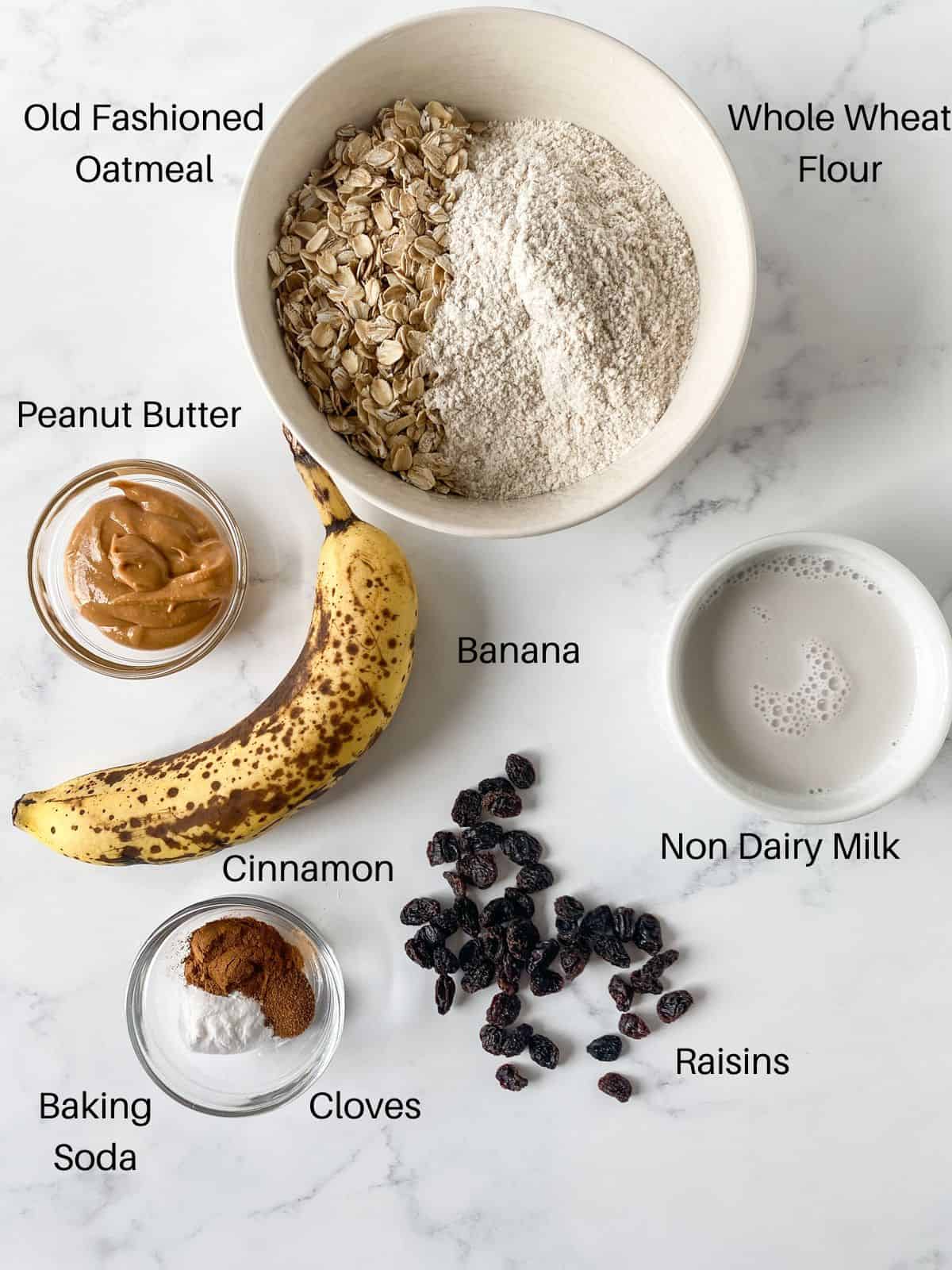 Overhead image of all the ingredients for peanut butter oatmeal mini muffins.