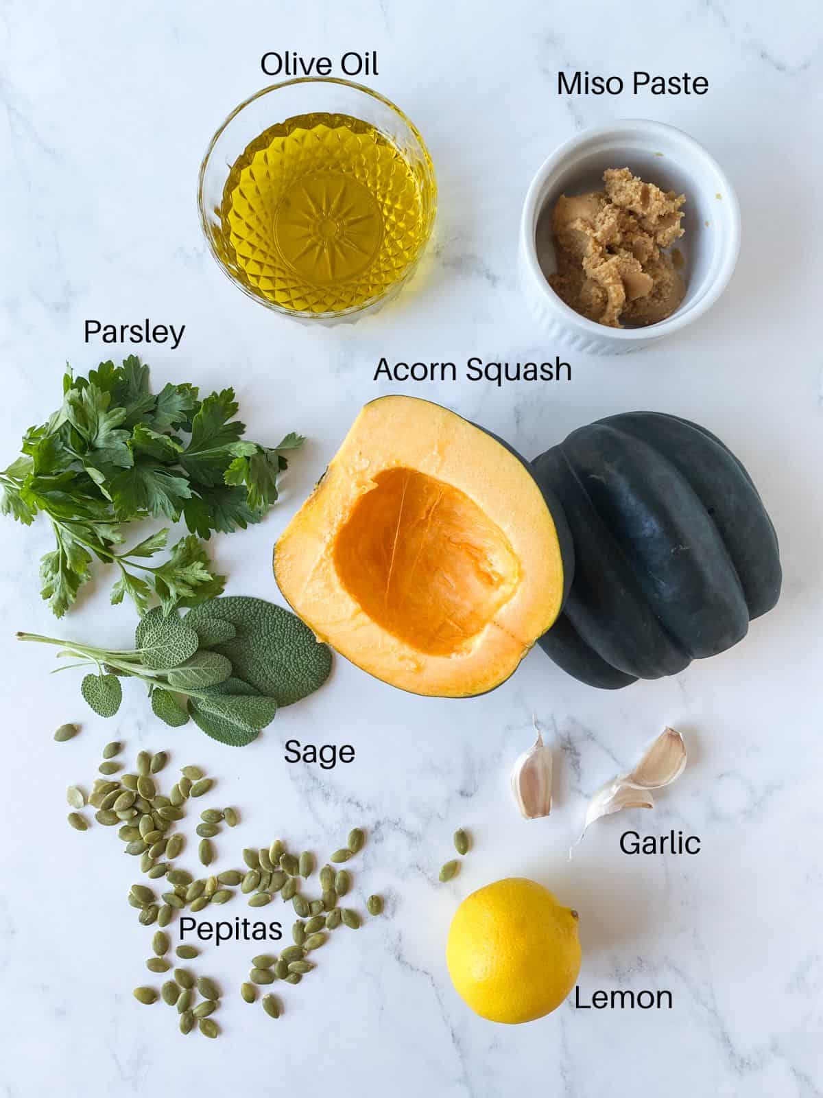 Ingredients for sage pesto with pepitas on roasted acorn squash.