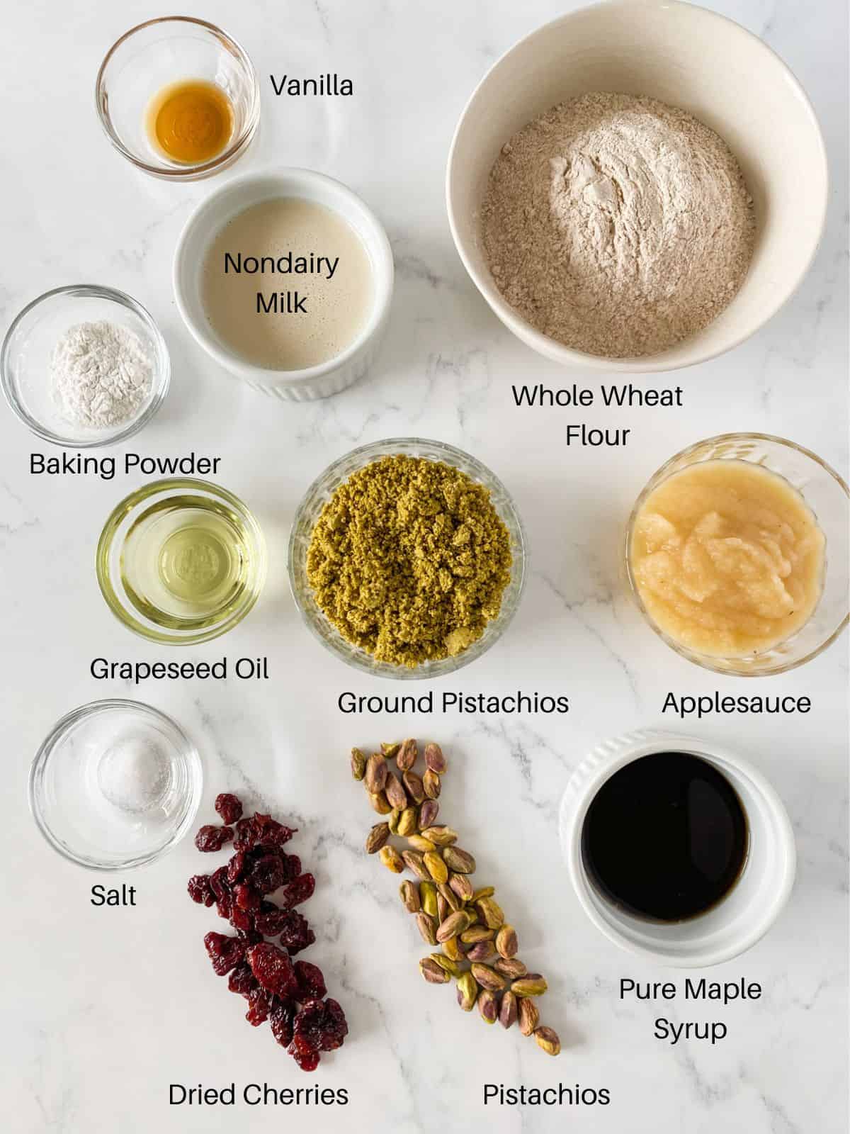 Ingredients for cherry pistachio cookies, with labels.