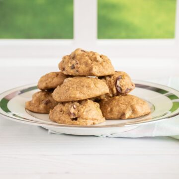 Stack of cookies on a plate.