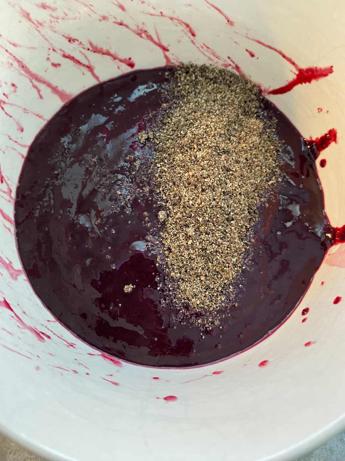Ground chia seeds added to blueberry puree.