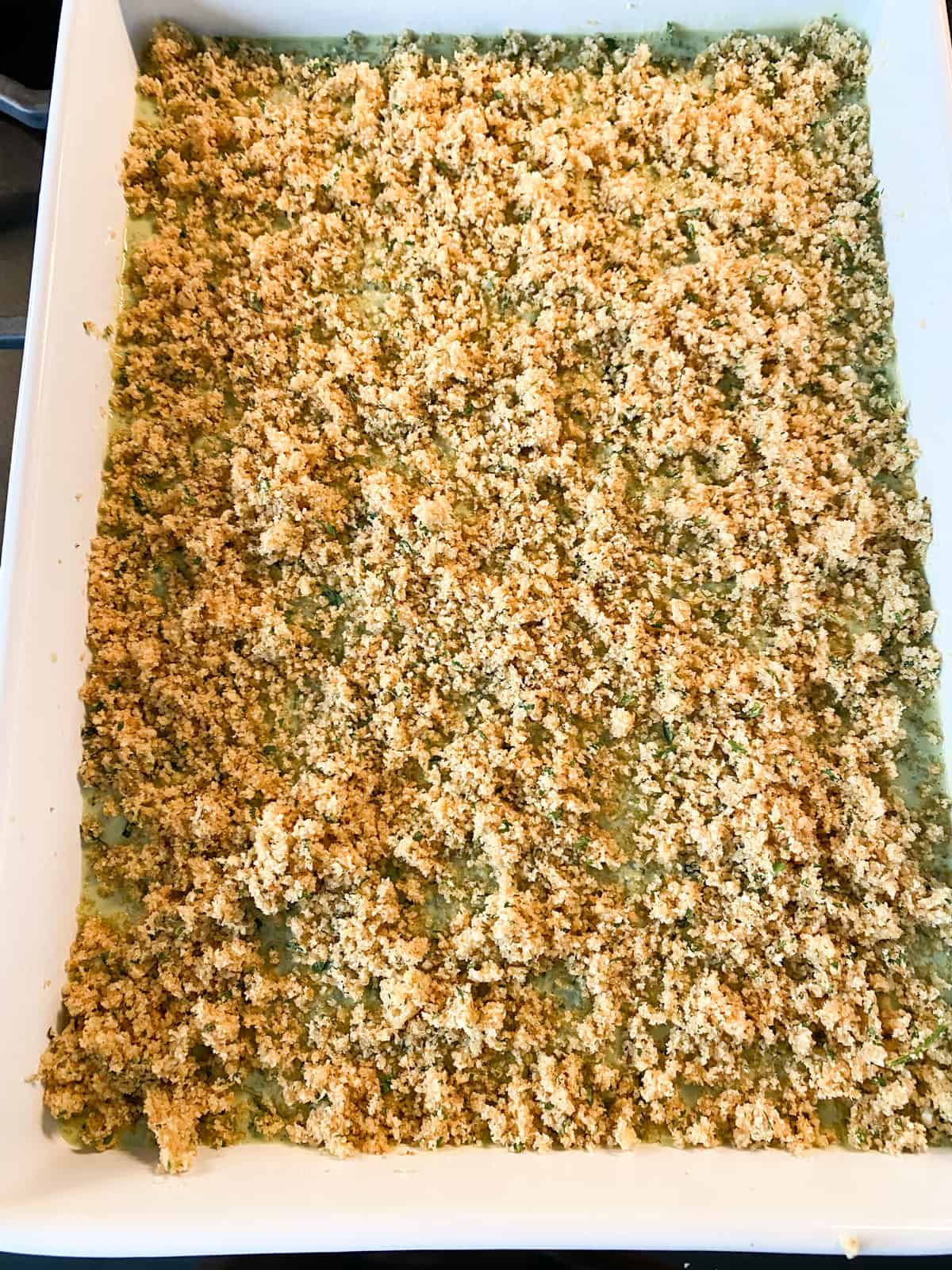 Breadcrumb topping sprinkled over the top of the pesto scalloped potatoes.