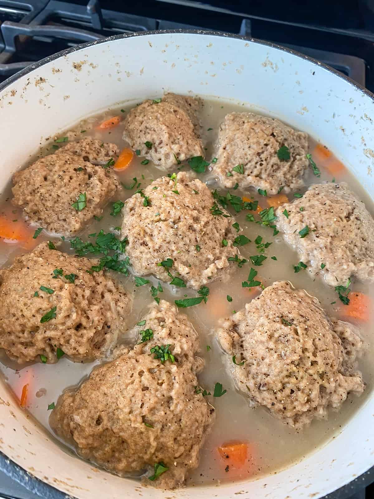 Pot of finished vegetable stew with dumplings.