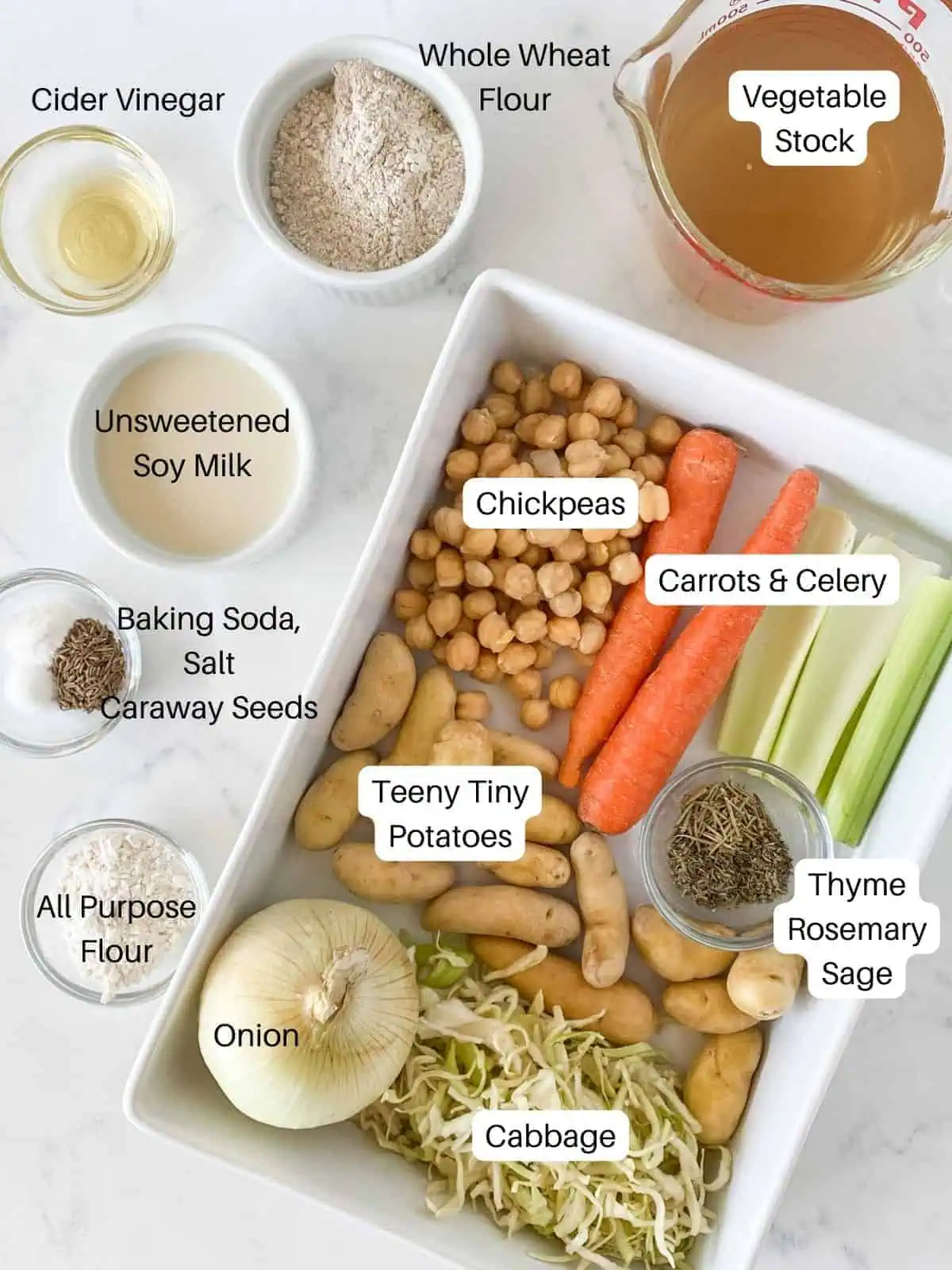 Ingredients for Irish Vegetable stew, labeled.
