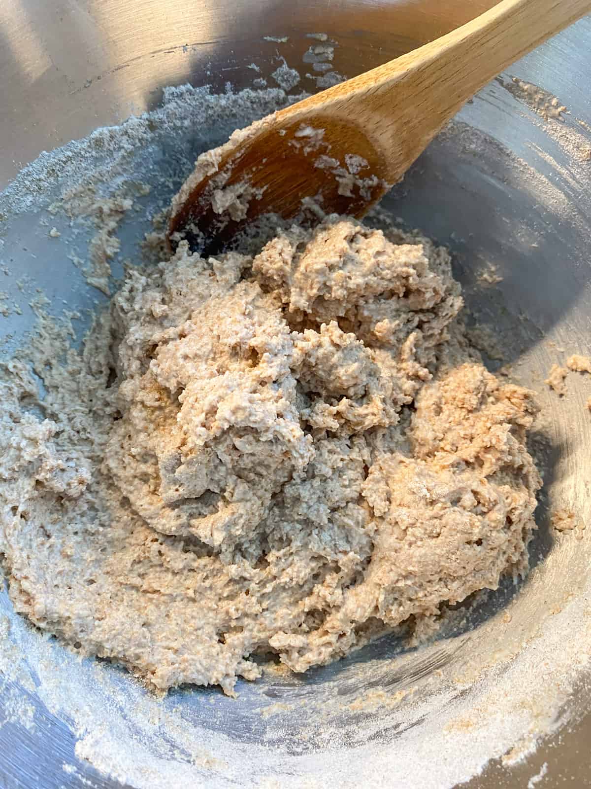 Wet and dry biscuit ingredients mixed together into a batter.