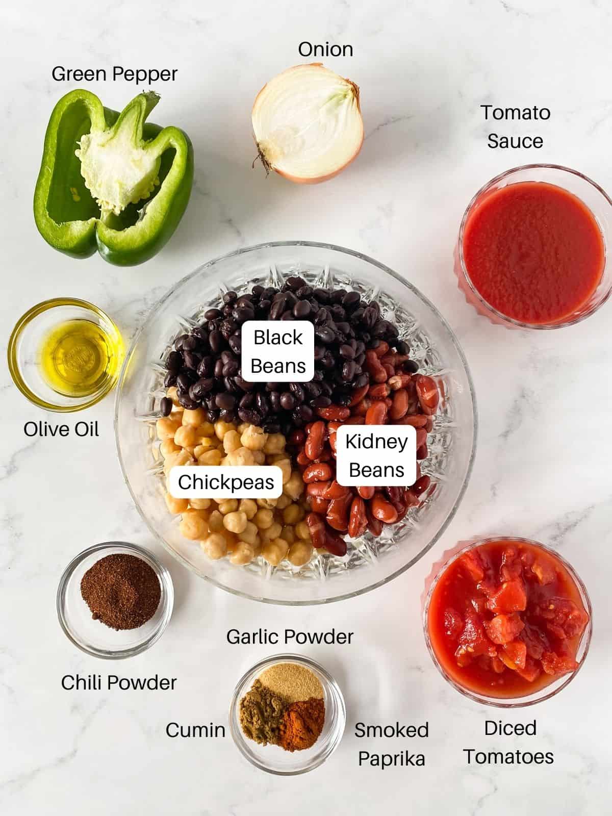 Ingredients for three bean chili.