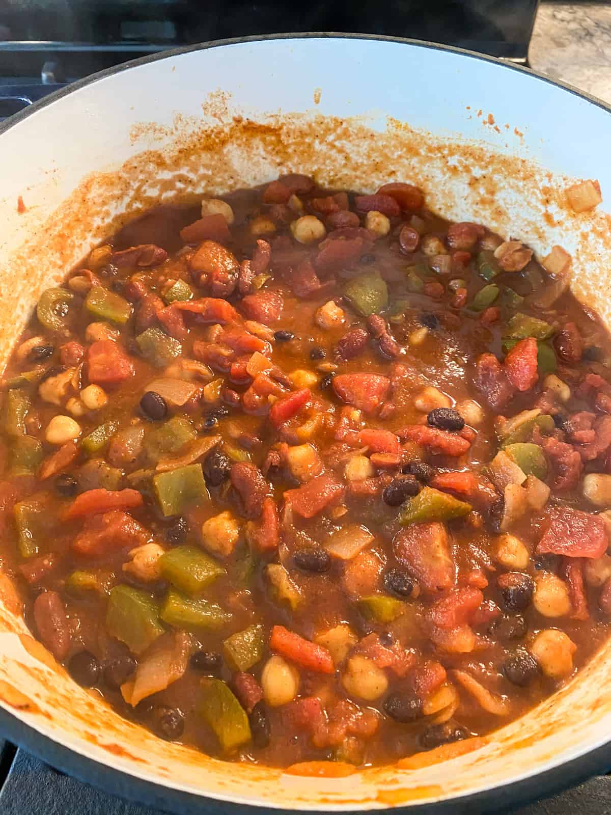 Finished pot of three bean chili.