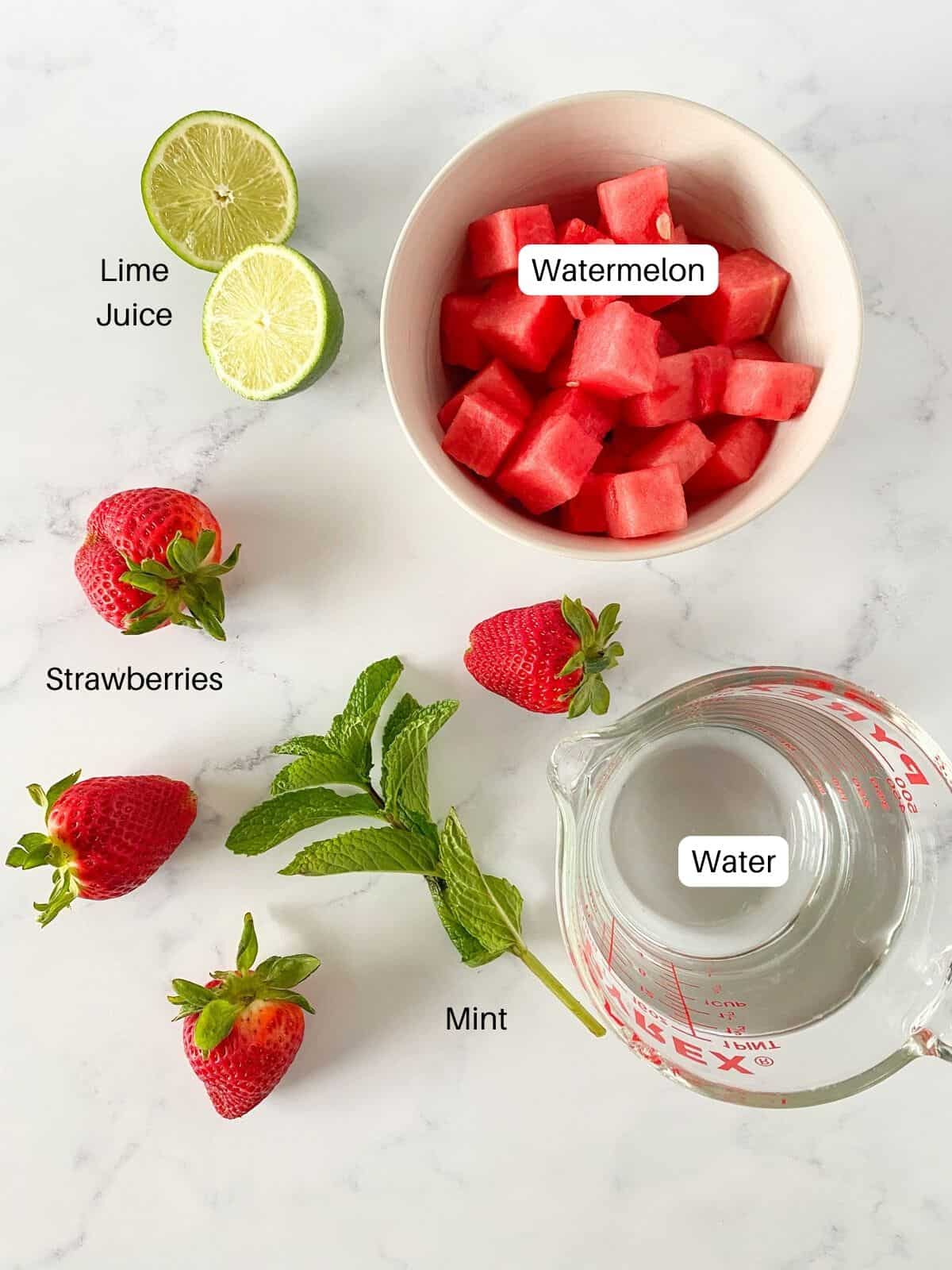 Ingredients for strawberry watermelon agua fresca.