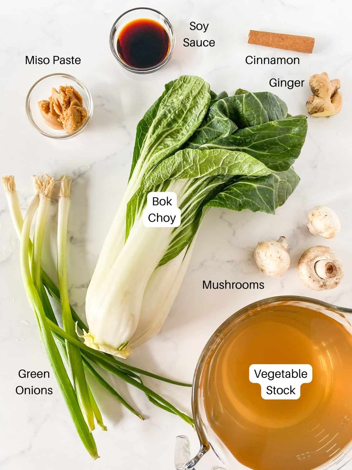 Ingredients for bok choy and mushroom soup.