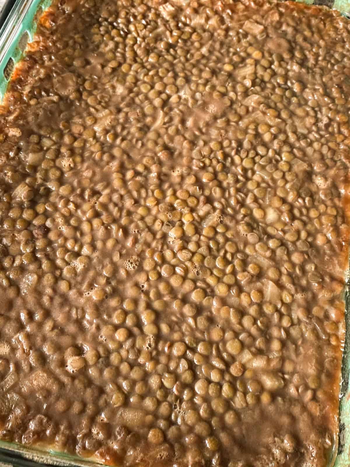 Lentil baked beans after coming out of the oven.