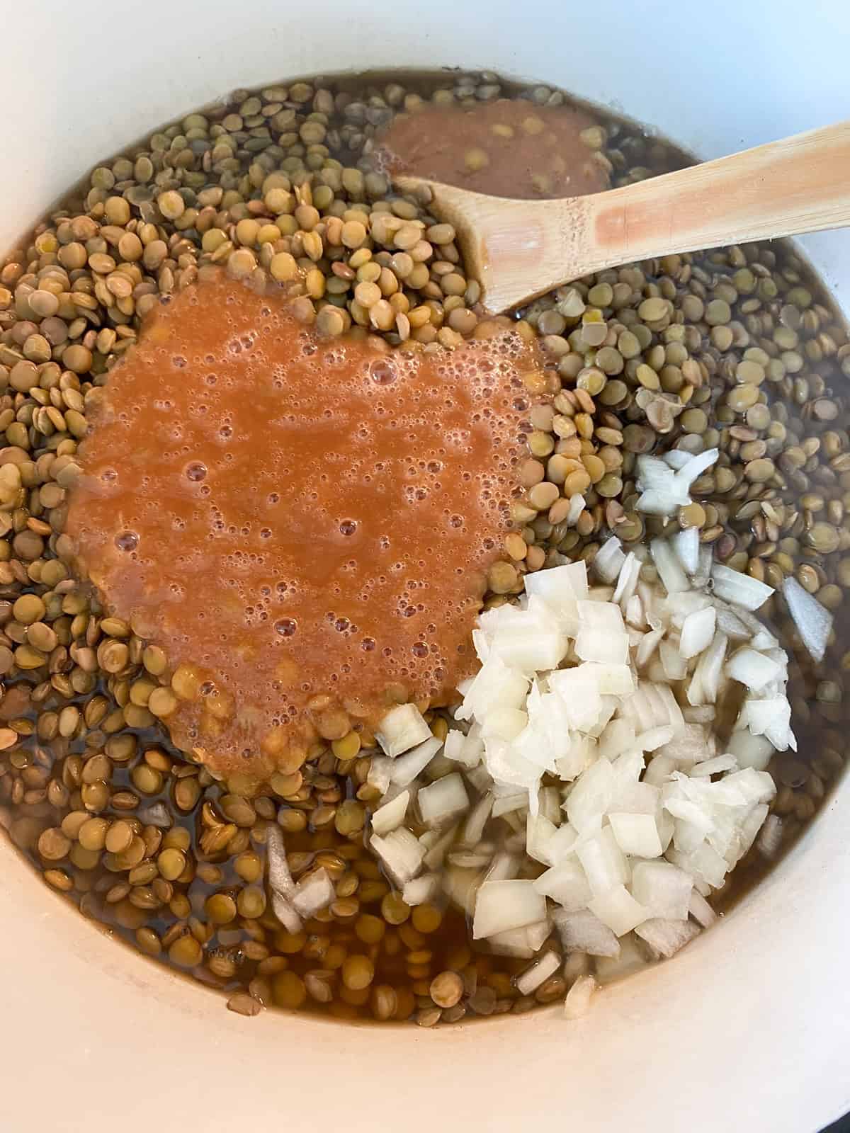 All the lentil baked bean ingredients added to the cooked lentils in a large pot.