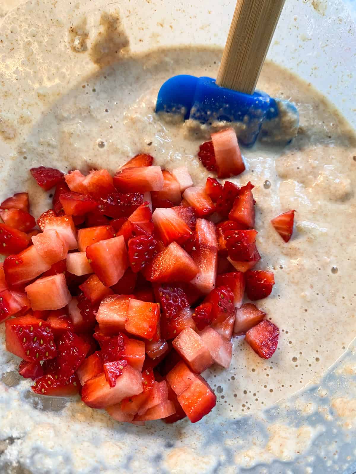 Minced strawberries added to the batter.