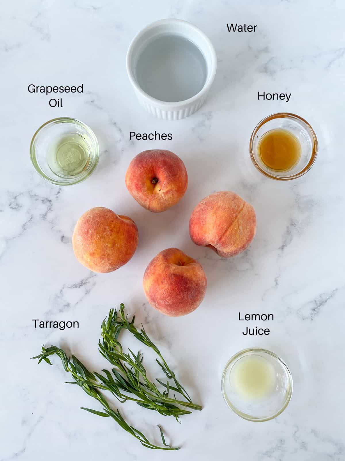 Ingredients for peach sorbet with tarragon.