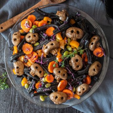 Overhead image of Halloween pasta salad in a dish.