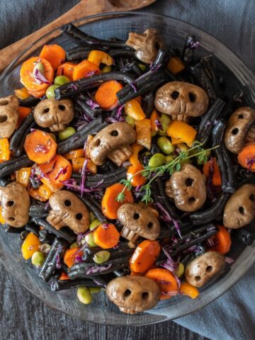 Overhead image of Halloween pasta salad in a dish.