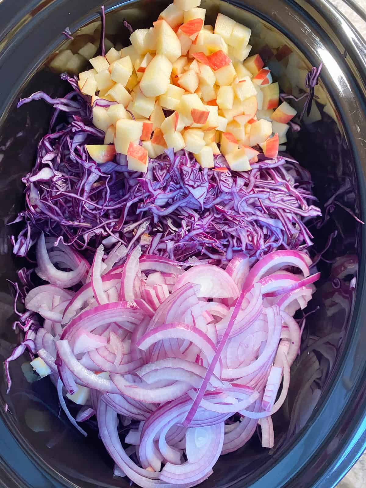 Raw ingredients in the slow cooker crock, before mixing.