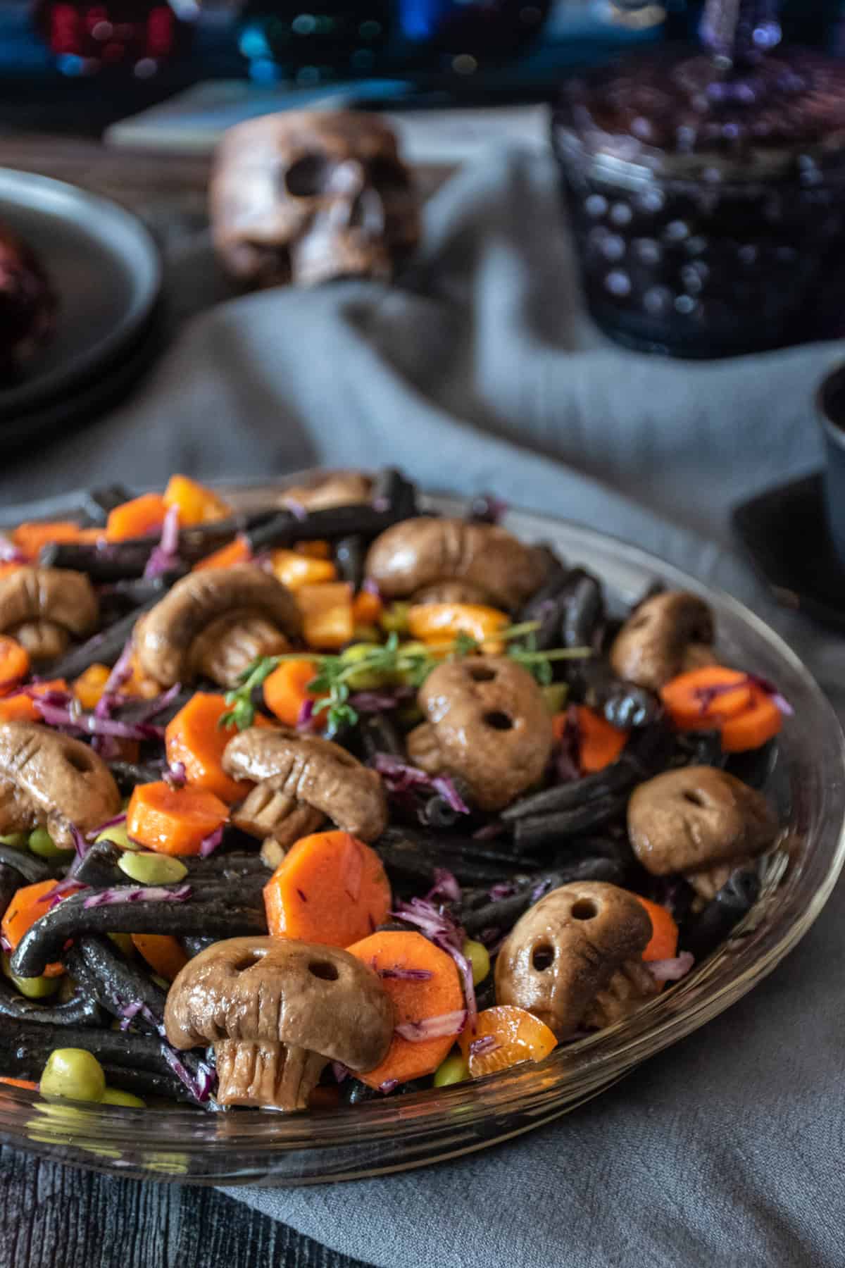 Dish of pasta salad.