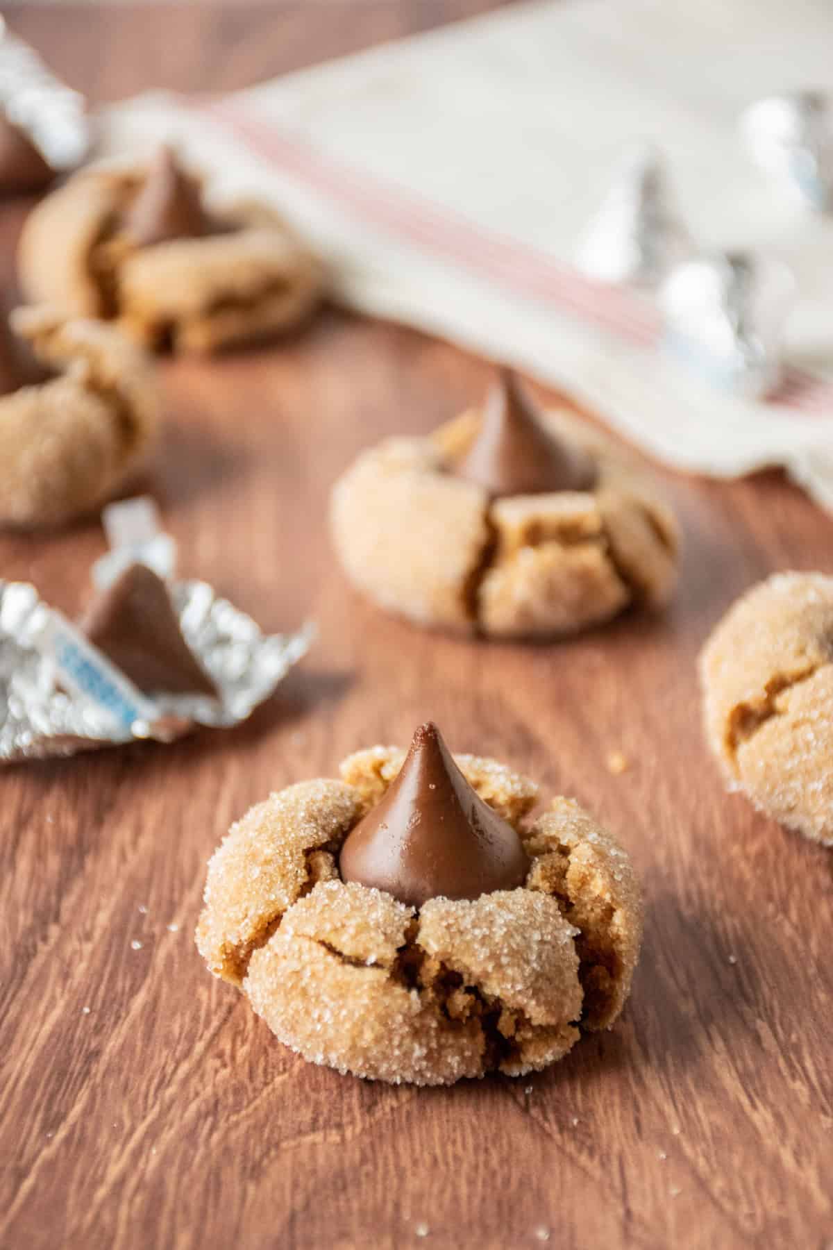 Peanut butter blossoms on a table.