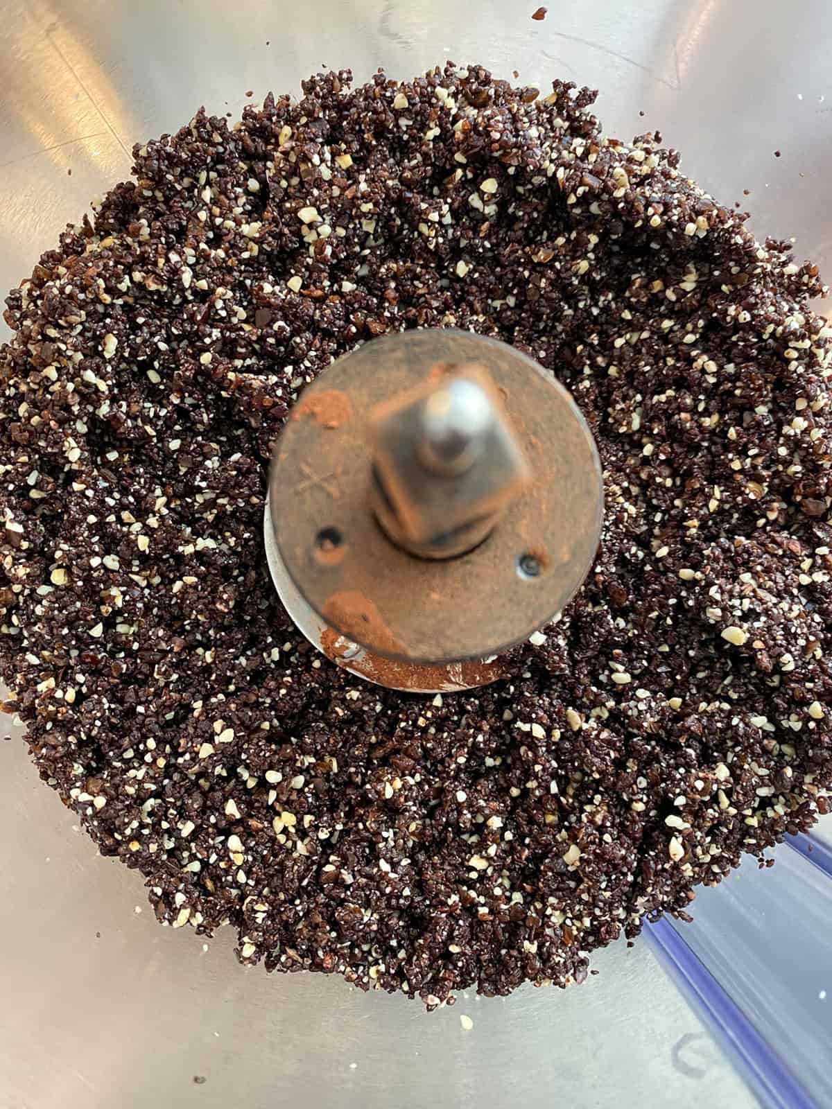 Cookie ingredients ground up in a food processor.