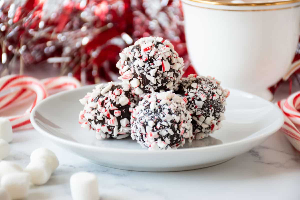 Small plate of peppermint hot cocoa bites.