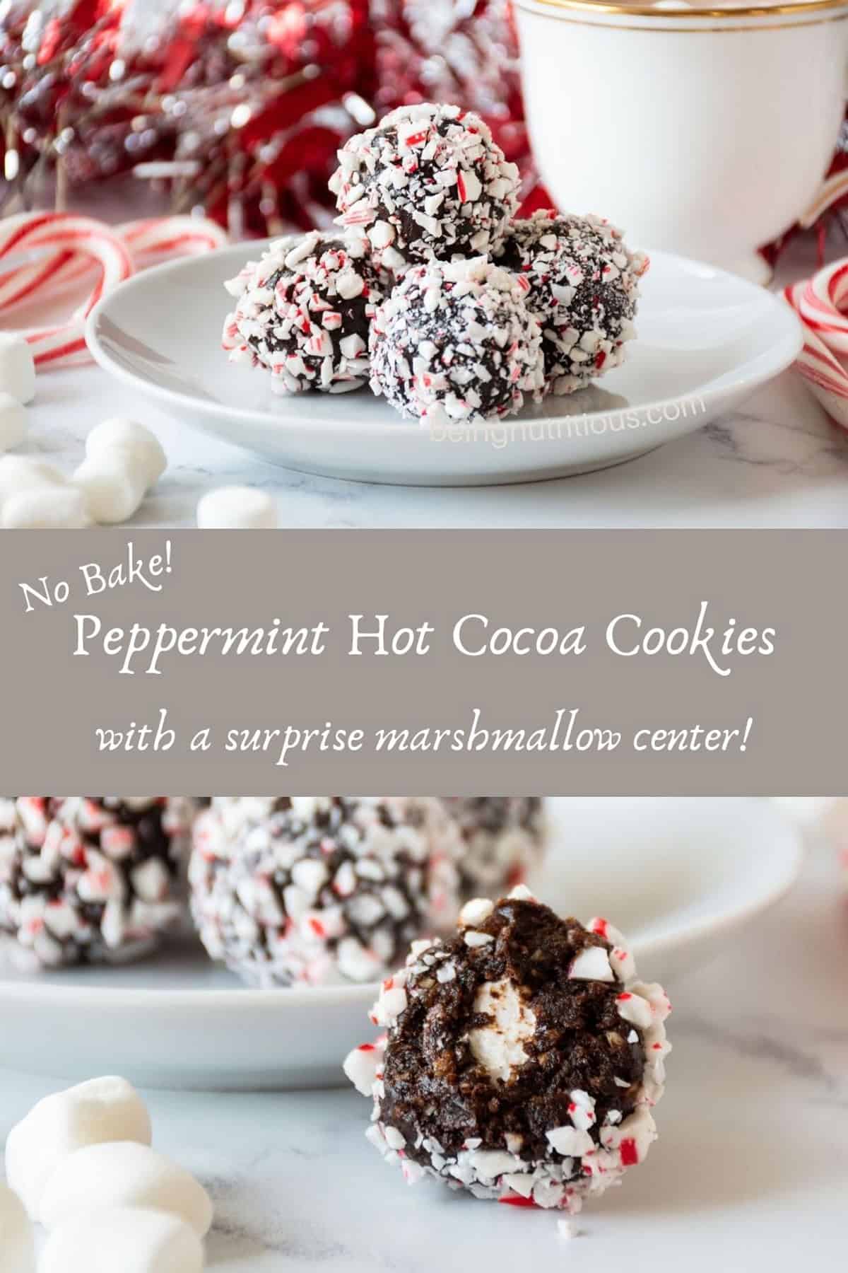 Top picture is a small plate with chocolate date balls covered in crushed candy canes. Bottom picture is a date ball with a bite taken out to reveal the marshmallow center. Text overlay: No Bake Peppermint Hot Cocoa Cookies, with a surprise marshmallow center!