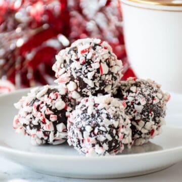 Small plate of peppermint hot cocoa bites.
