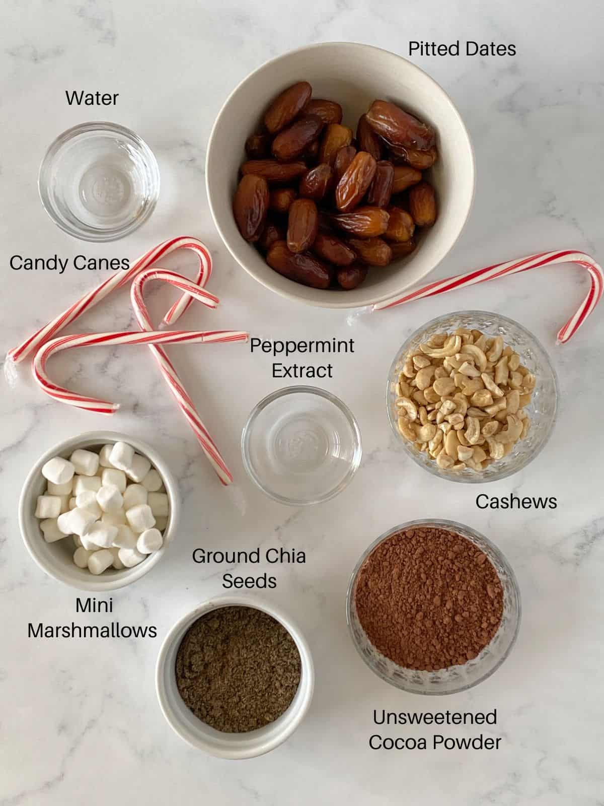 Ingredients for no bake peppermint hot cocoa cookies.