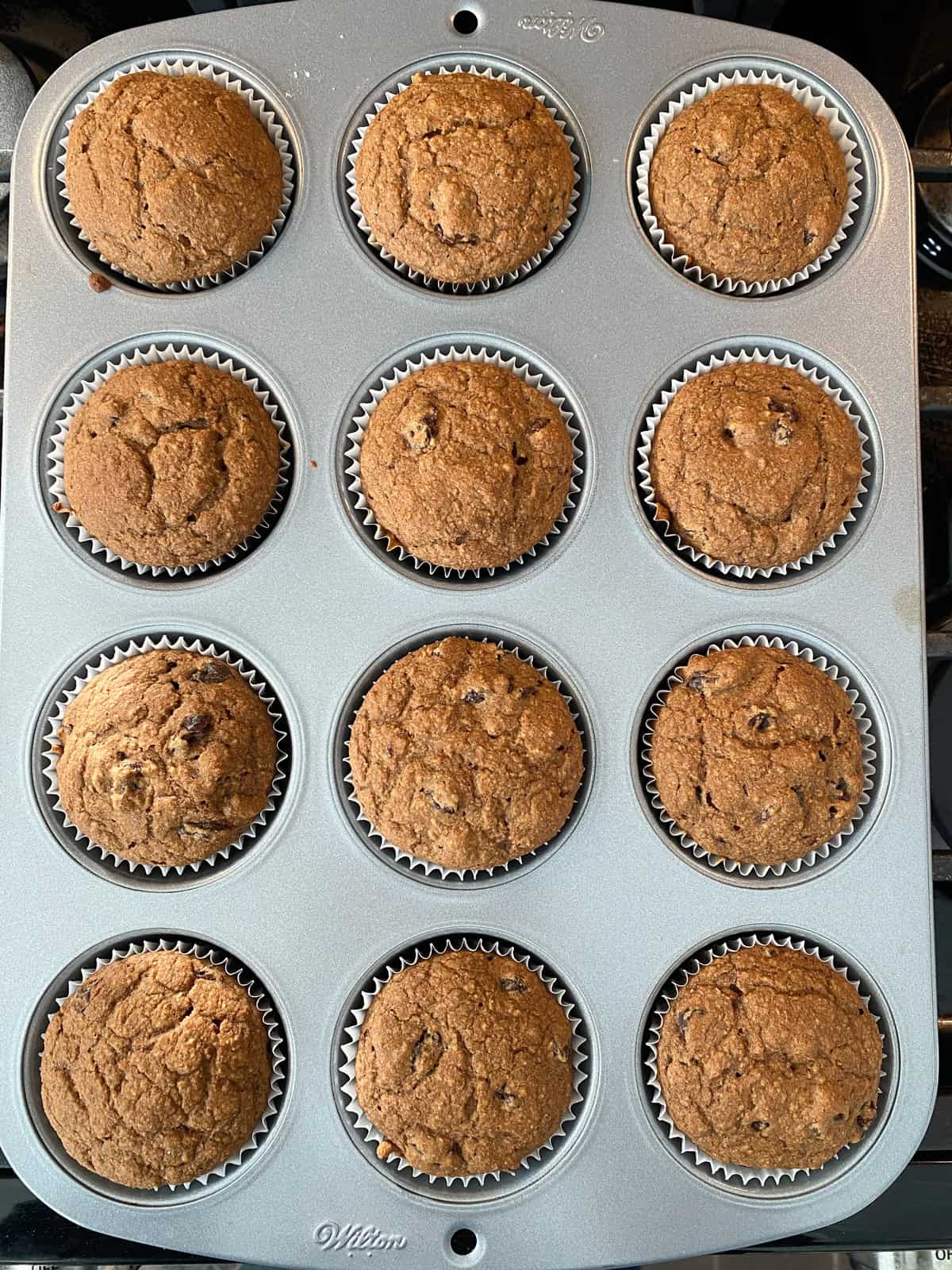 Baked muffins, still in the muffin pan.