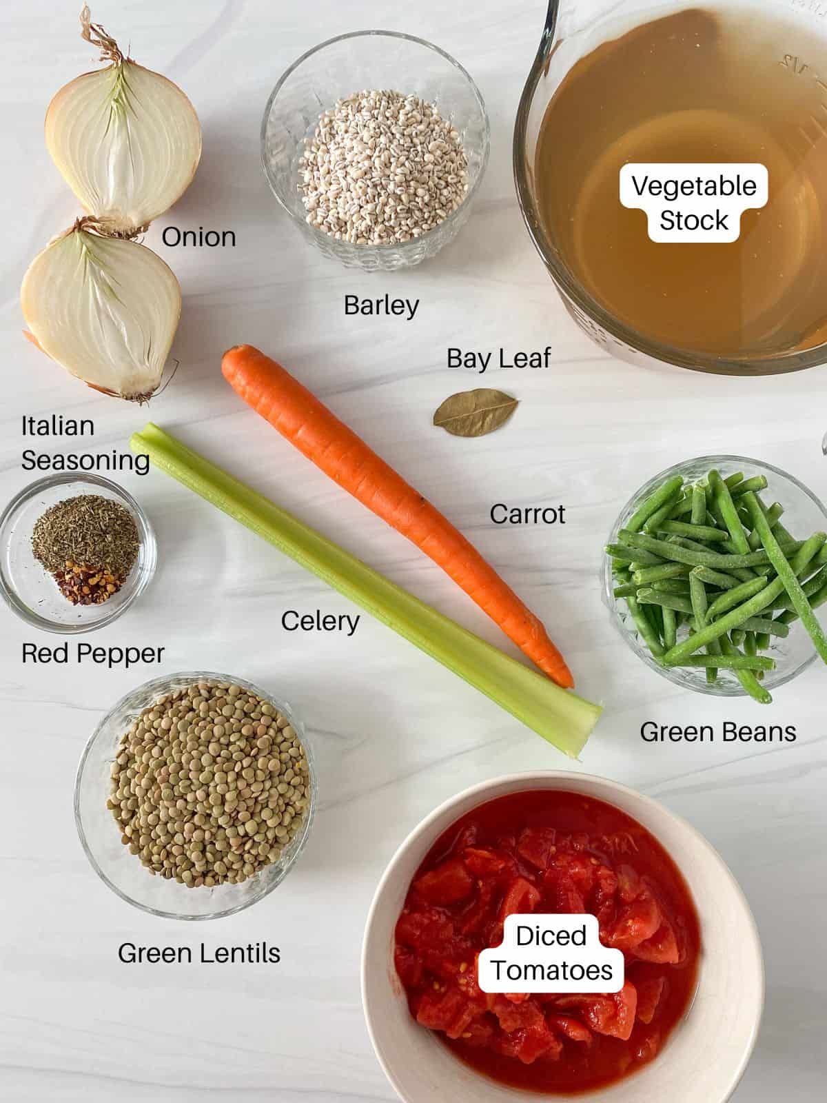 Ingredients for lentil barley soup.