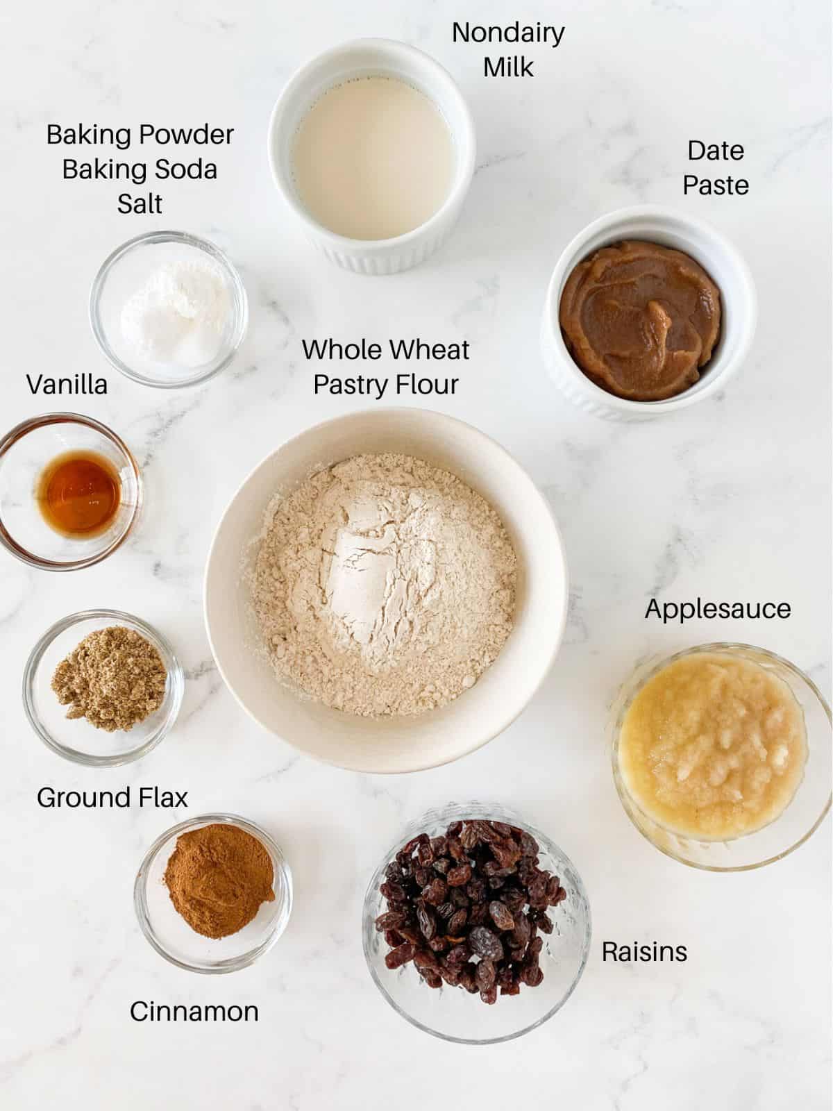 Ingredients for cinnamon raisin muffins.