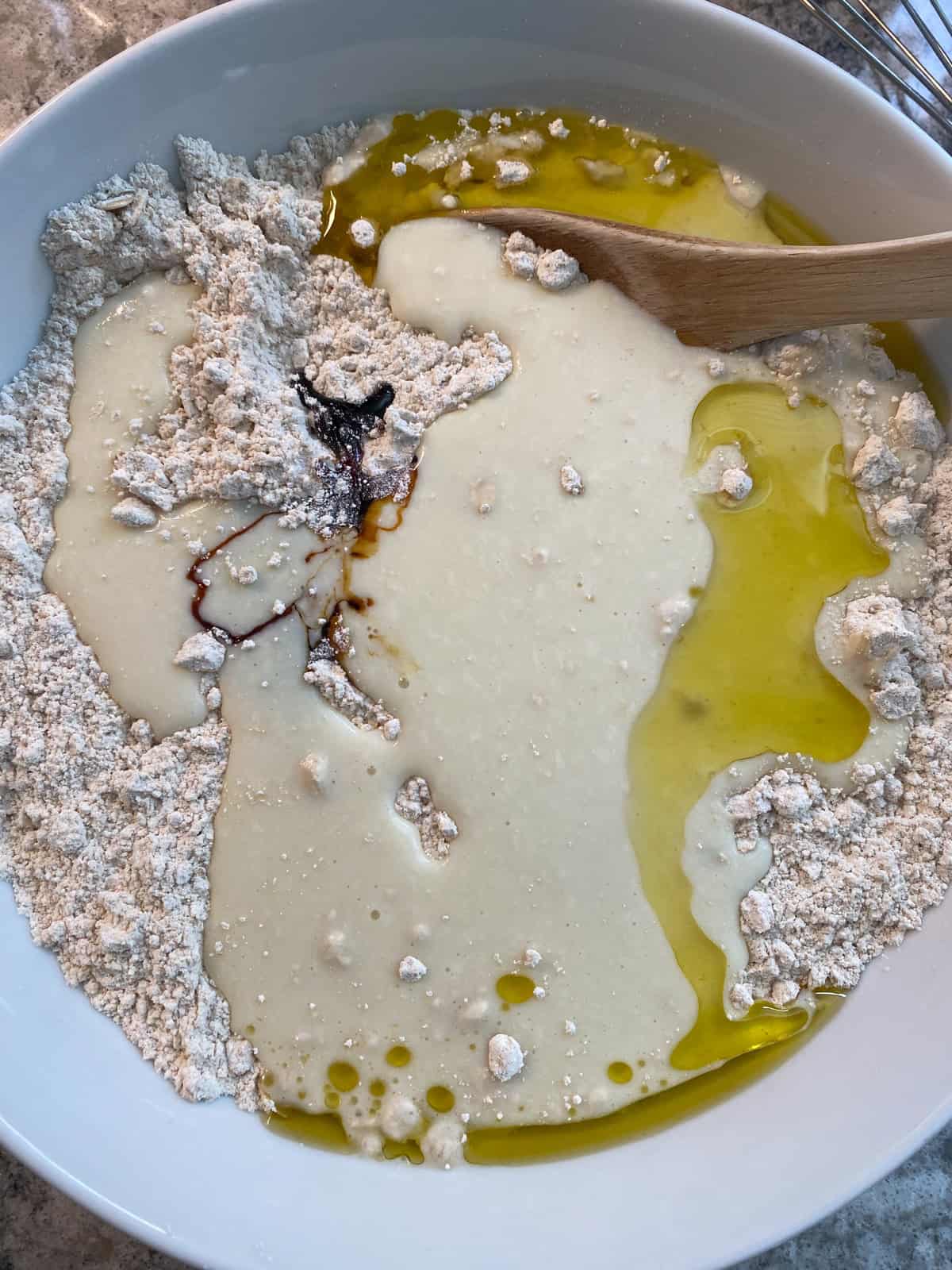 Wet ingredients poured into dry ingredients.