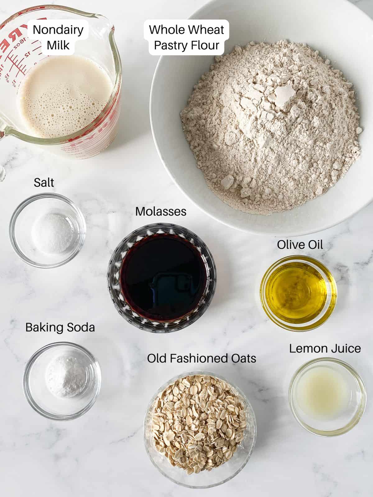 Overhead image of ingredients for Irish wheaten bread.