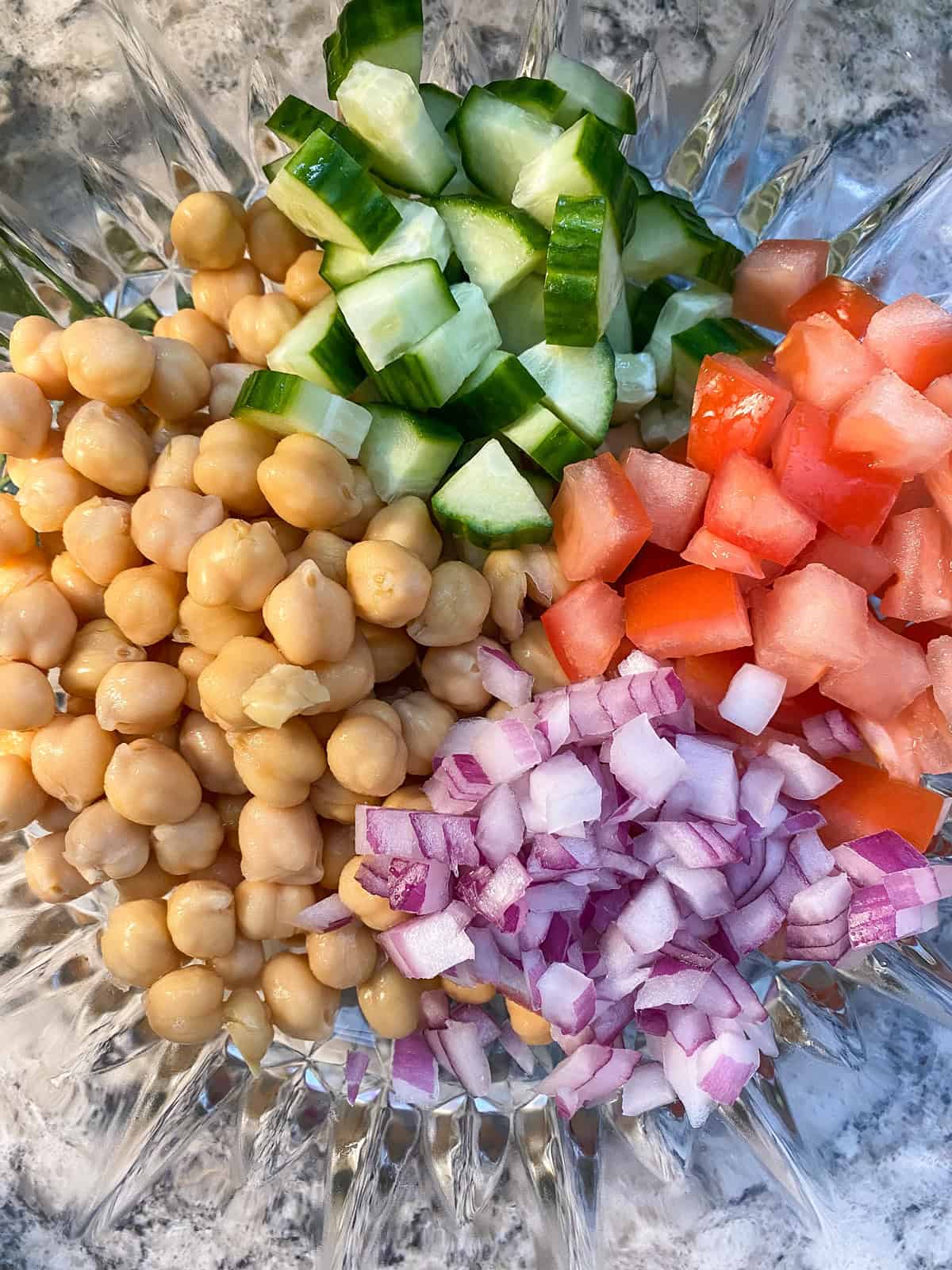 Chickpeas and chopped veggies in a bowl.