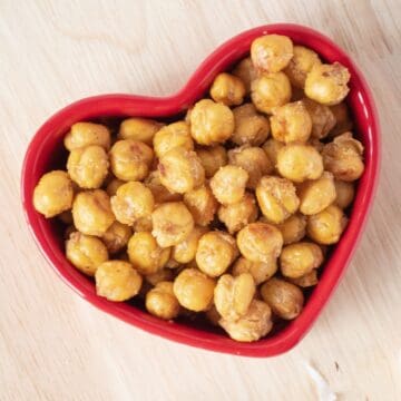 Crispy chickpeas in a heart shaped bowl.