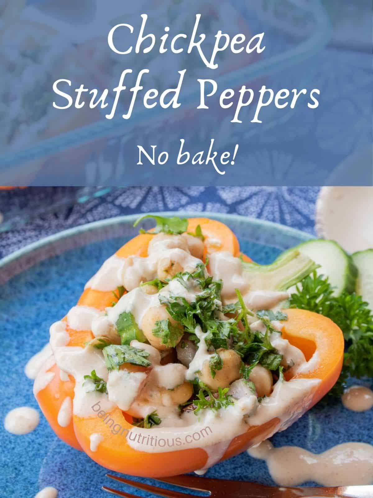 Close up of a stuffed pepper on a blue plate. Text overlay: Chickpea stuffed peppers; no bake!