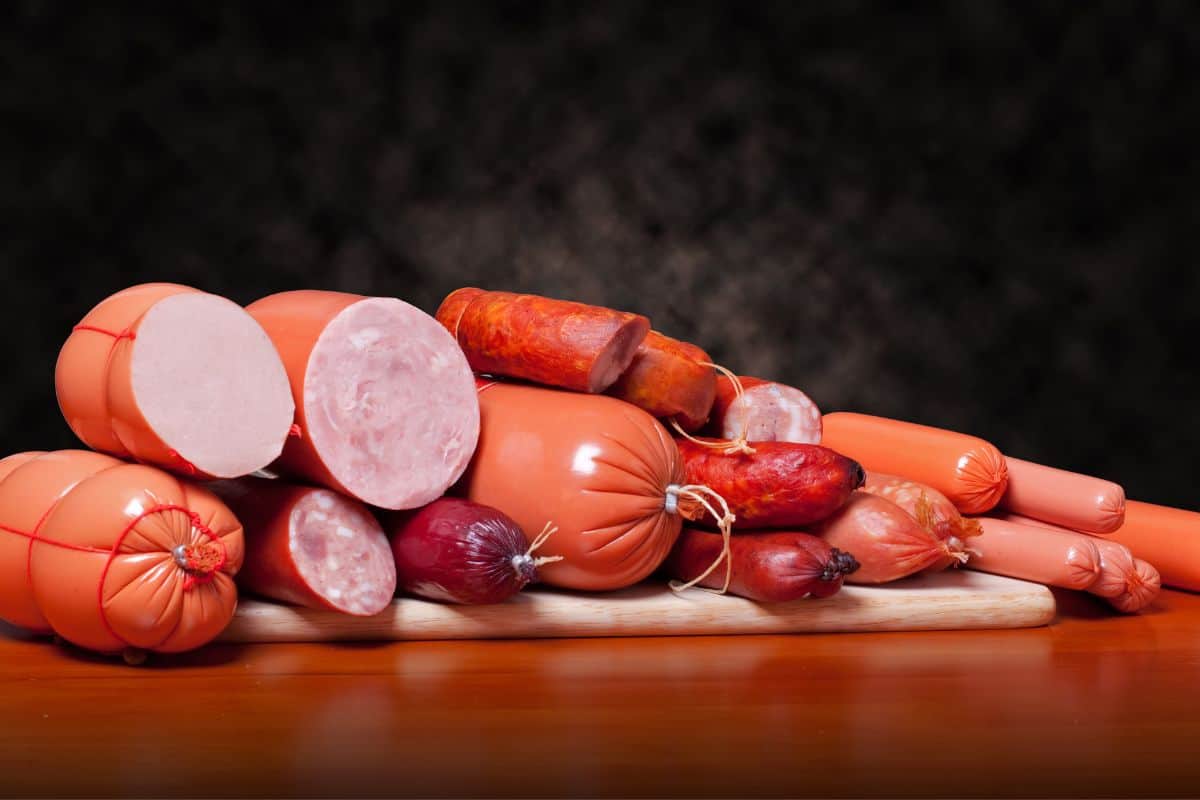pile of various sausages.