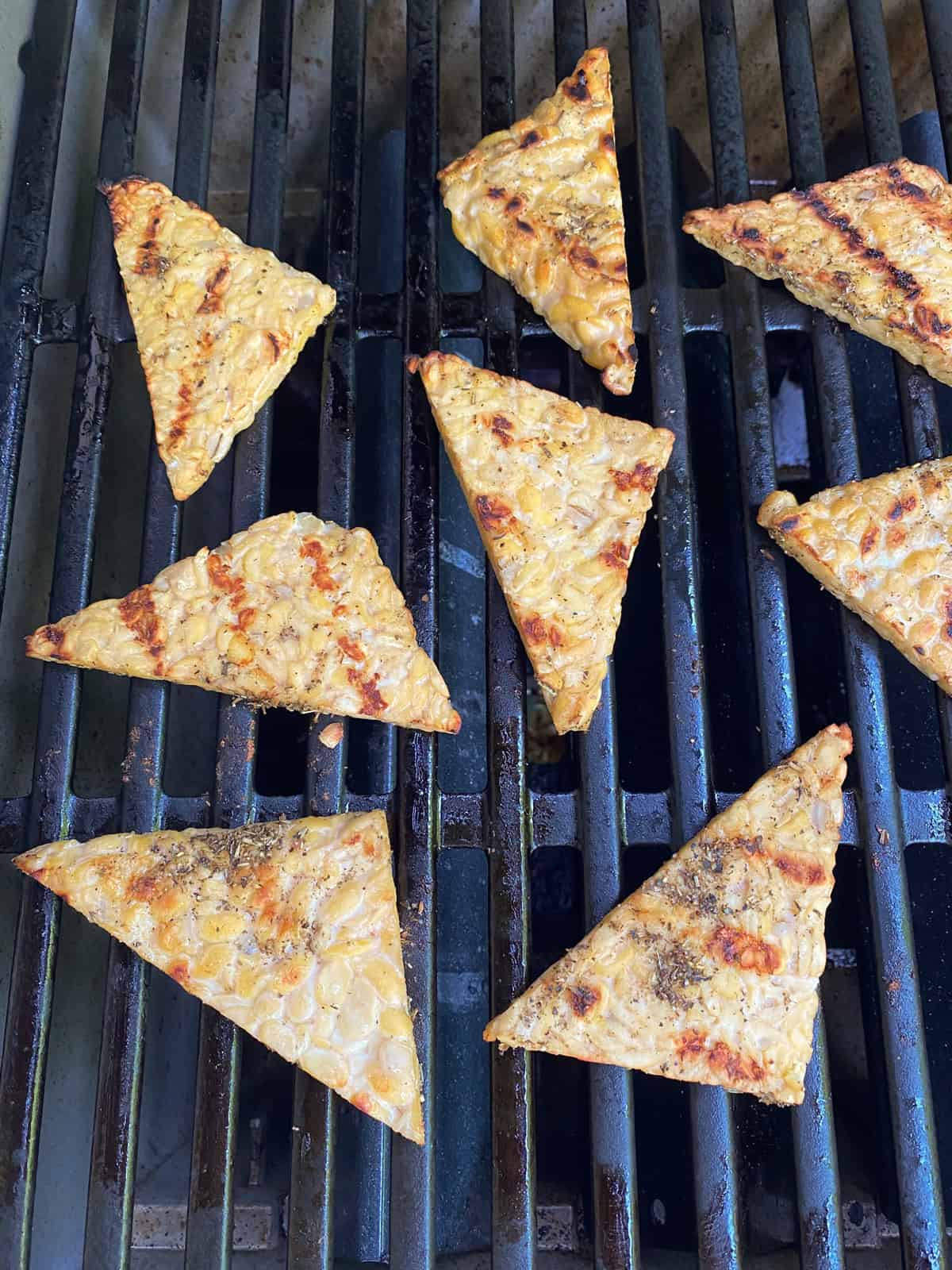 Marinated tempeh on the grill.
