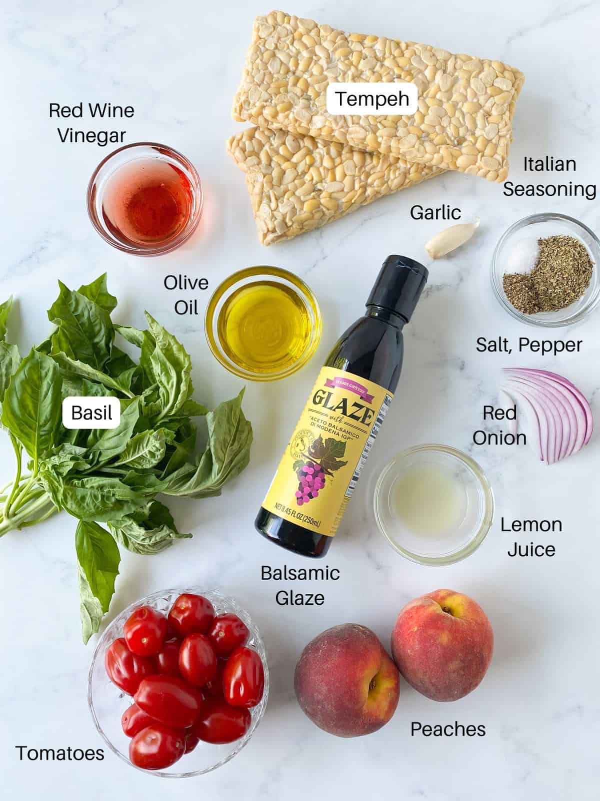 Ingredients for grilled tempeh with peach relish