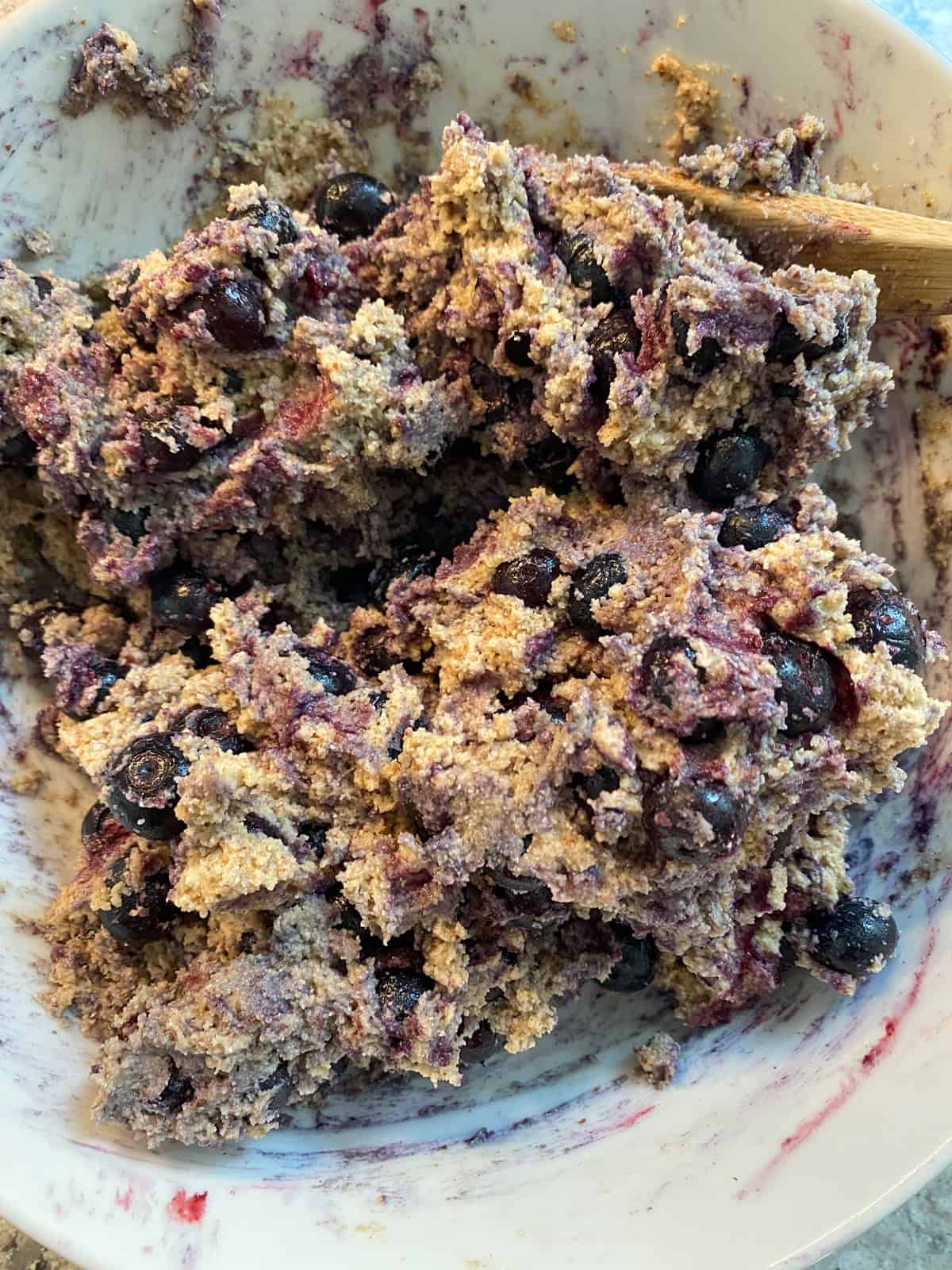 Frozen blueberry mixed into coffee cake batter.