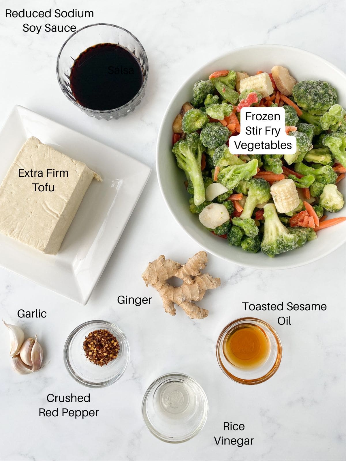 Ingredients for sesame tofu stir fry.