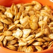 Close up of roasted pumpkin seeds.