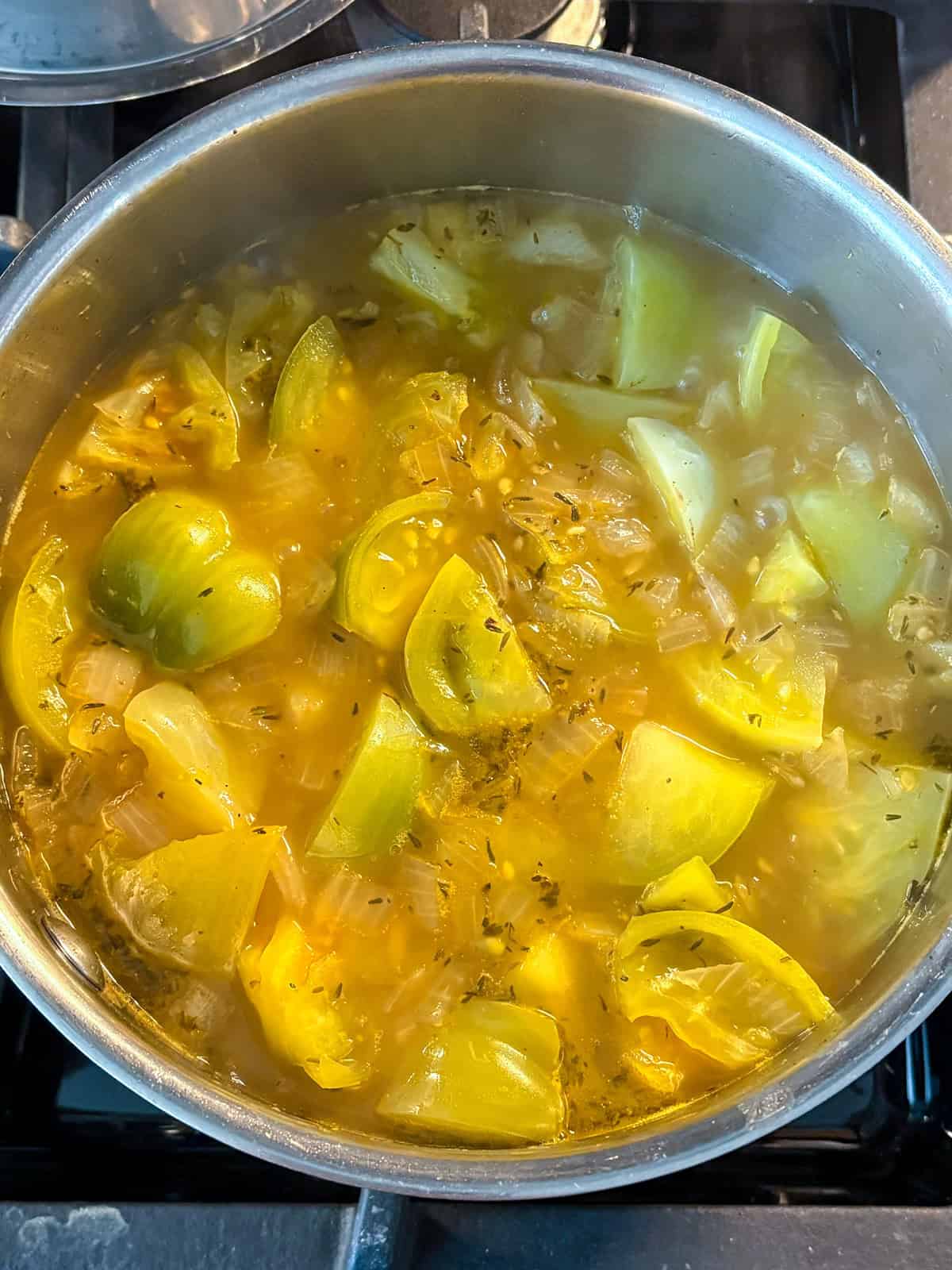 Tomatoes and onions simmering in stock.