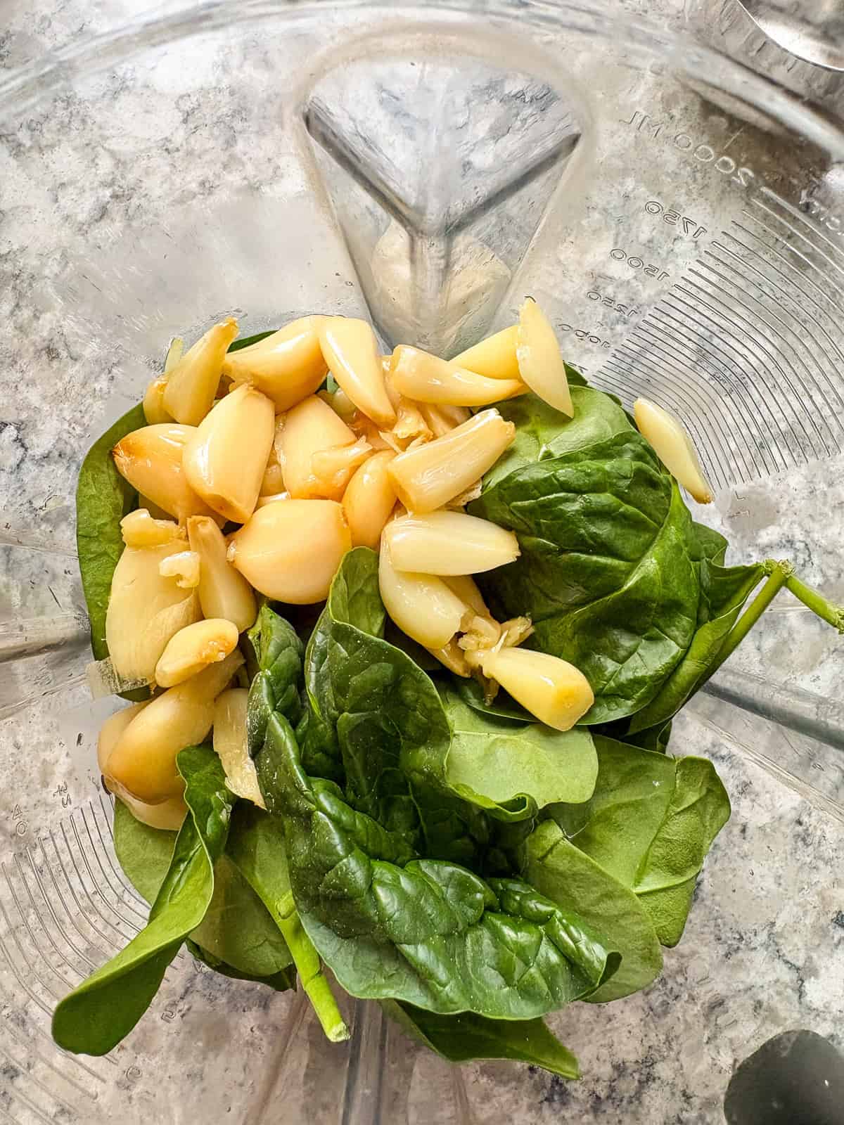 Spinach and roasted garlic in blender.
