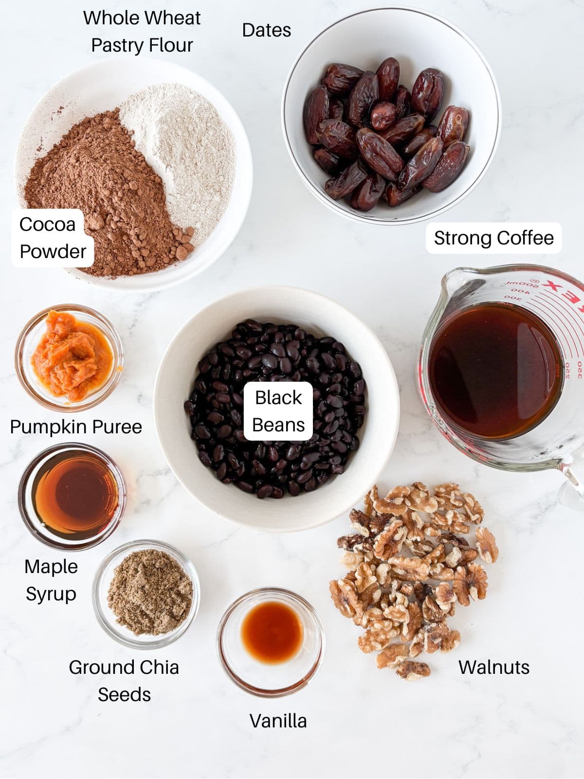Ingredients for fudgy black bean brownies.